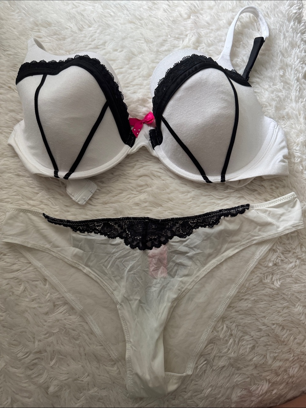 La SENZA White Push-Up Bra and Bikini Set with Black Lace Trim